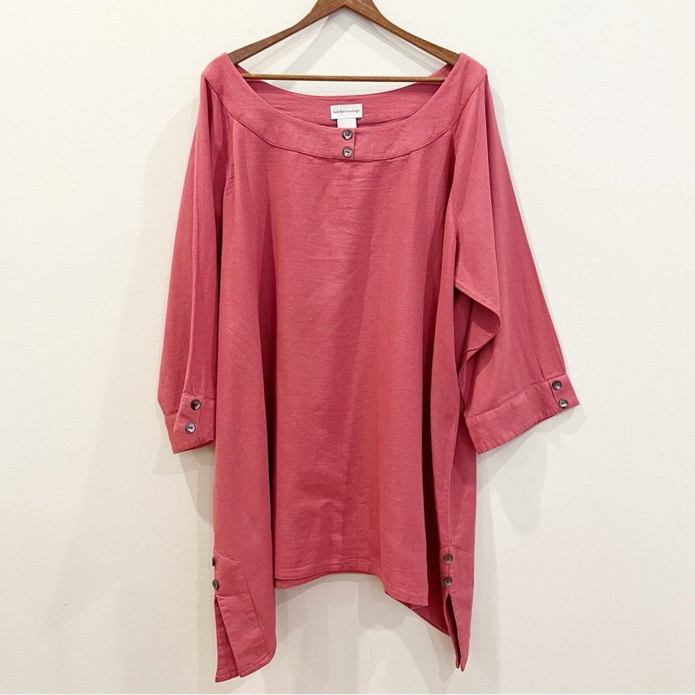 Soft Surroundings Tunic Top 2X Pink Mauve Cotton 3/4 Sleeve Lagenlook Relaxed